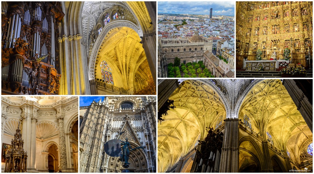 The gorgeous Seville Cathedral, measures 23.500 square feet and has 80 chapels with different architectural styles.